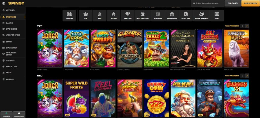 Spinsy Casino-Website, die eine breite Auswahl an beliebten Spielautomaten und Spielen zeigt. Zu den angezeigten Spielen gehören unter anderem Joker Cashpot, Cash of Gods, Lucky Dwarfs, und Gladiator Legends. Perfekt für Spieler, die ein Casino mit schneller Auszahlung suchen.